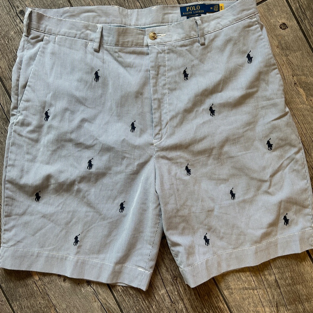 Ralph Lauren Blue & White Striped Flat Front Shorts Casual Style